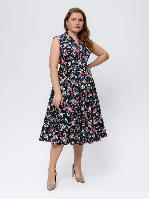 Dark blue floral print midi length sleeveless dress