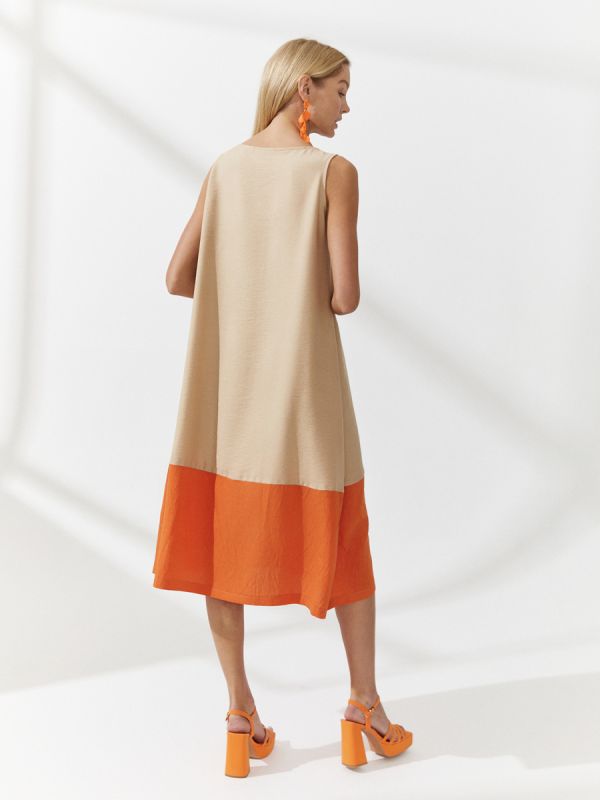 Beige dress with orange insert midi length with sleeveless pockets