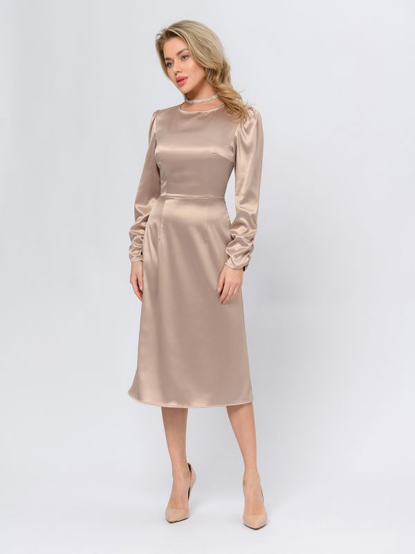 Beige colored midi length dress with long sleeves