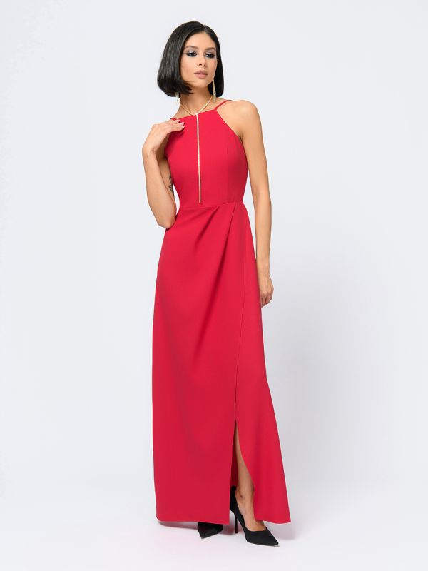 Raspberry maxi length dress with imitation flare and open shoulders