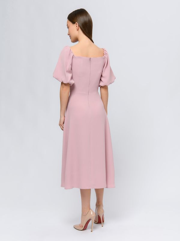 Dusty rose colored midi length dress with puffy skirt and open shoulders