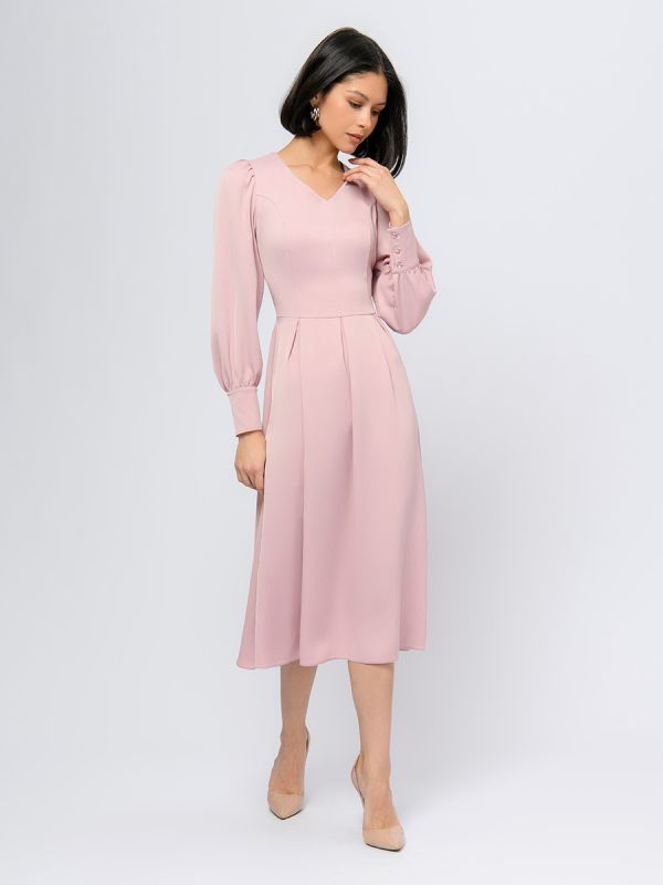 Dusty rose color midi length dress with long sleeves