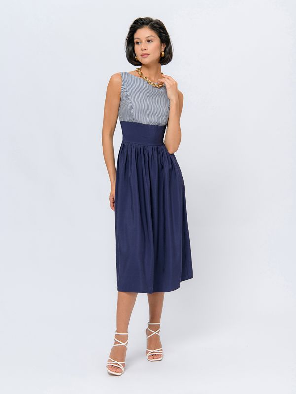 Dark blue midi length dress with printed top and sleeveless sleeves