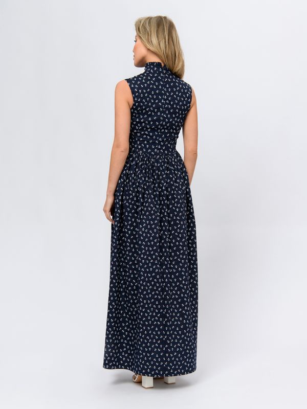 Sleeveless navy blue maxi length print dress