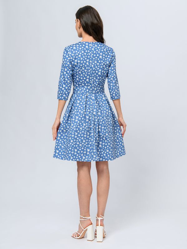 Blue mini length dress with floral print and 3/4 sleeves