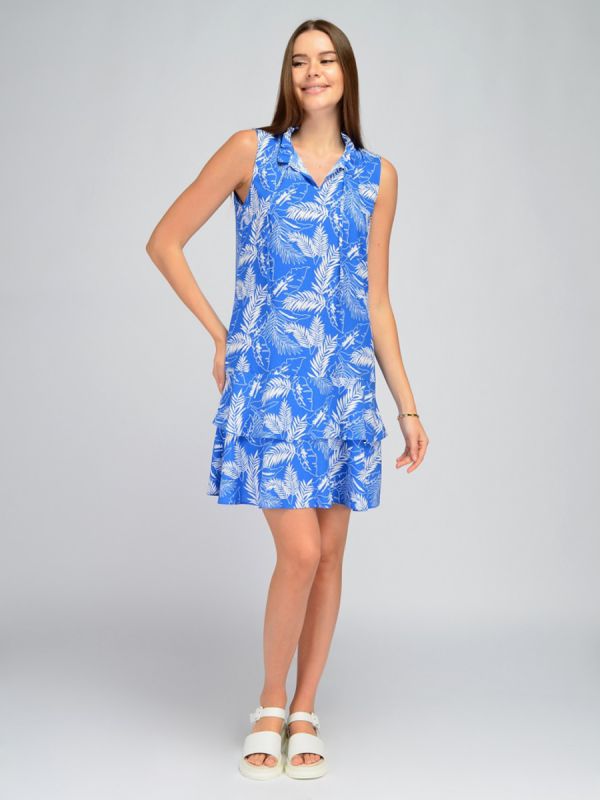 Blue mini length dress with print and flounces on skirt