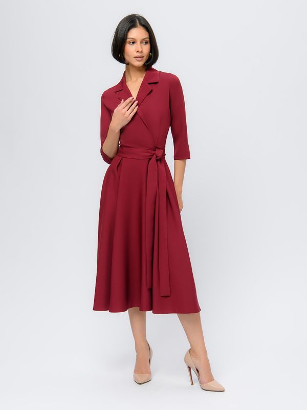 Midi length burgundy dress with collar and 3/4 sleeves