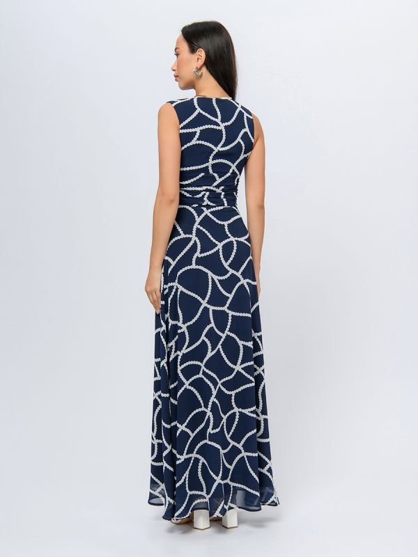 Blue color maxi length dress with print and deep neckline