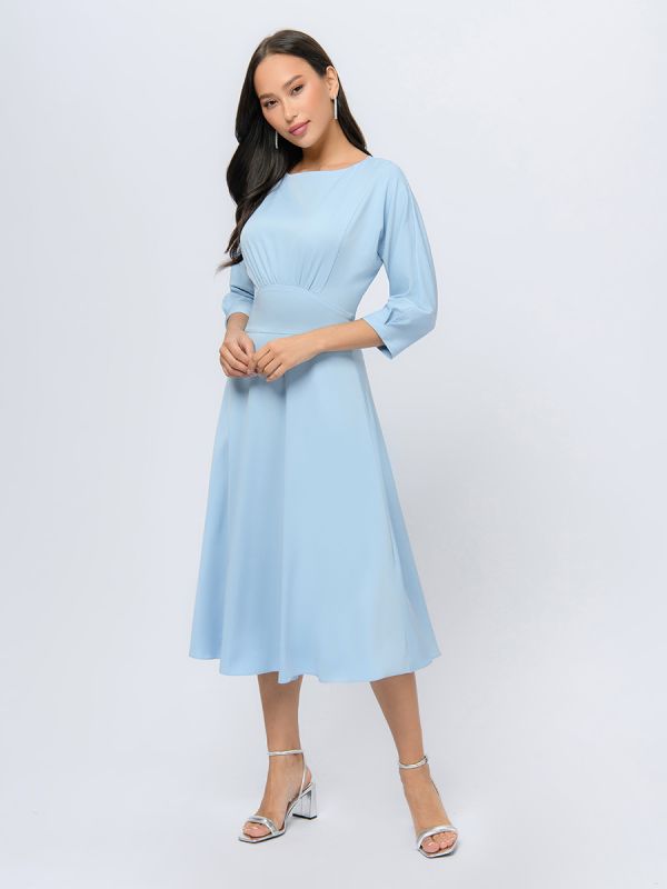 Blue midi length dress with flared skirt