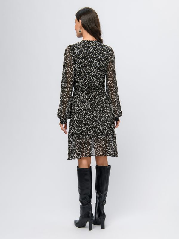 Black mini length print dress with a flared neckline and long sleeves