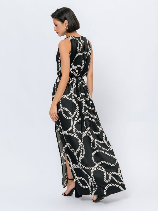 Black maxi length dress with print and skirt slit