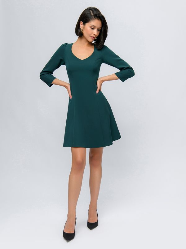 Emerald color mini length dress with 3/4 sleeves and v-neckline