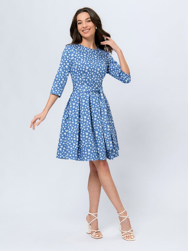 Blue mini length dress with floral print and 3/4 sleeves