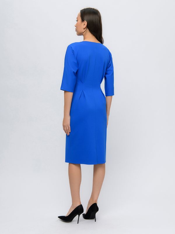 Cornflower colored midi length dress with waist cinches and 3/4 sleeves