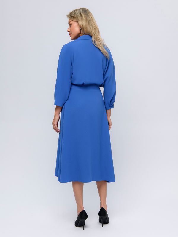 Blue midi length dress with flare and 3/4 sleeves