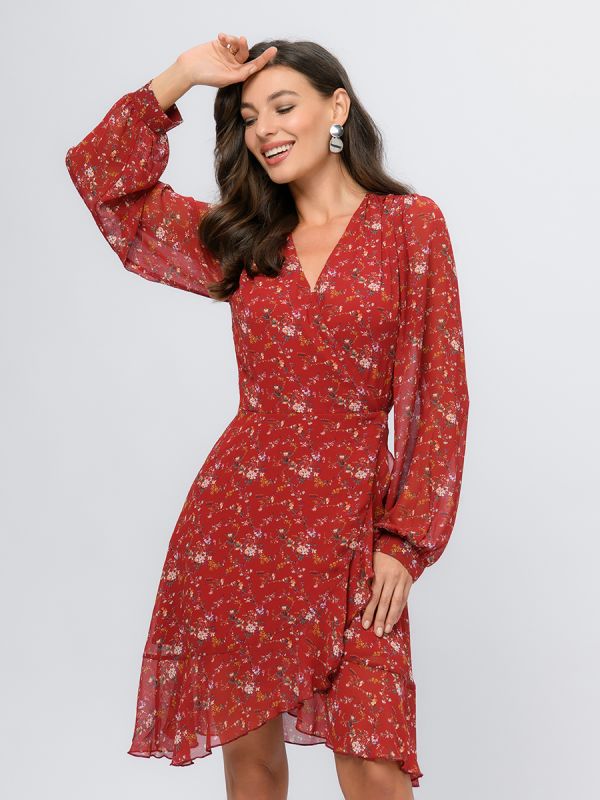 Red floral print mini length dress with flare and long sleeves