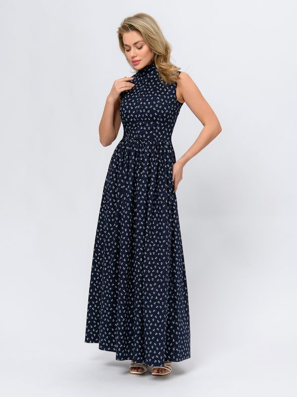 Sleeveless navy blue maxi length print dress