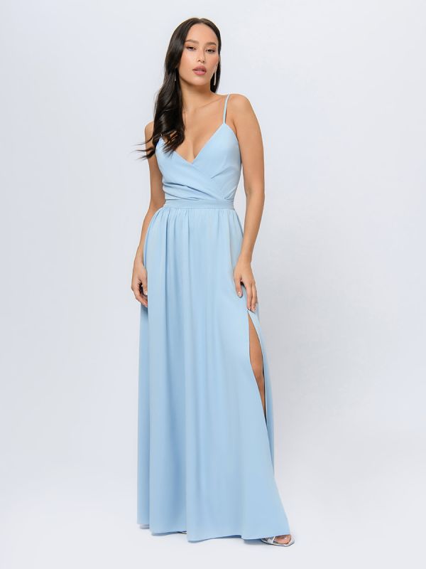 Blue maxi length dress with straps and slit skirt