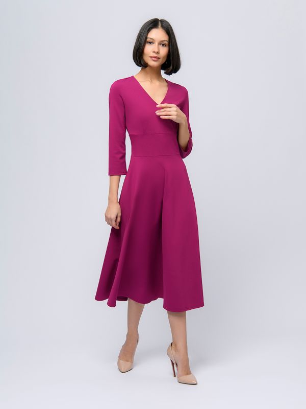 Berry colored midi length dress with deep neckline and 3/4 sleeves