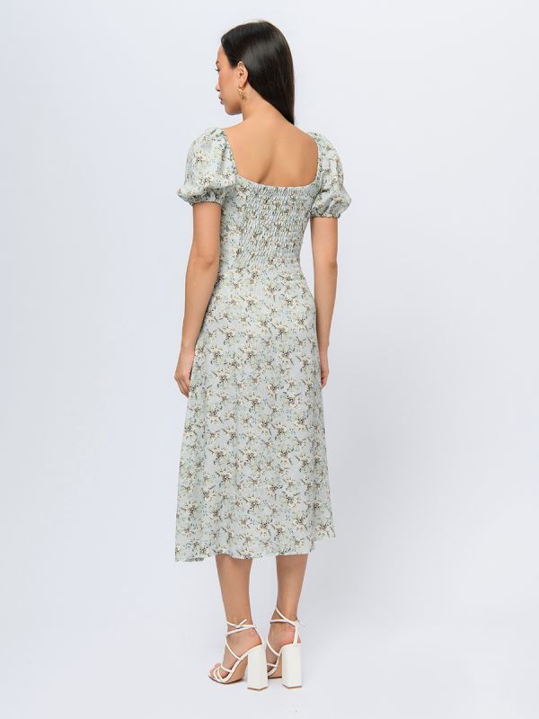 Grey-blue print midi length dress with gathered bodice and short sleeves