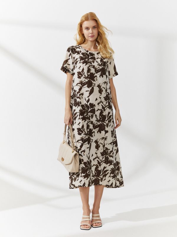 Beige print midi length dress with short sleeves and pockets