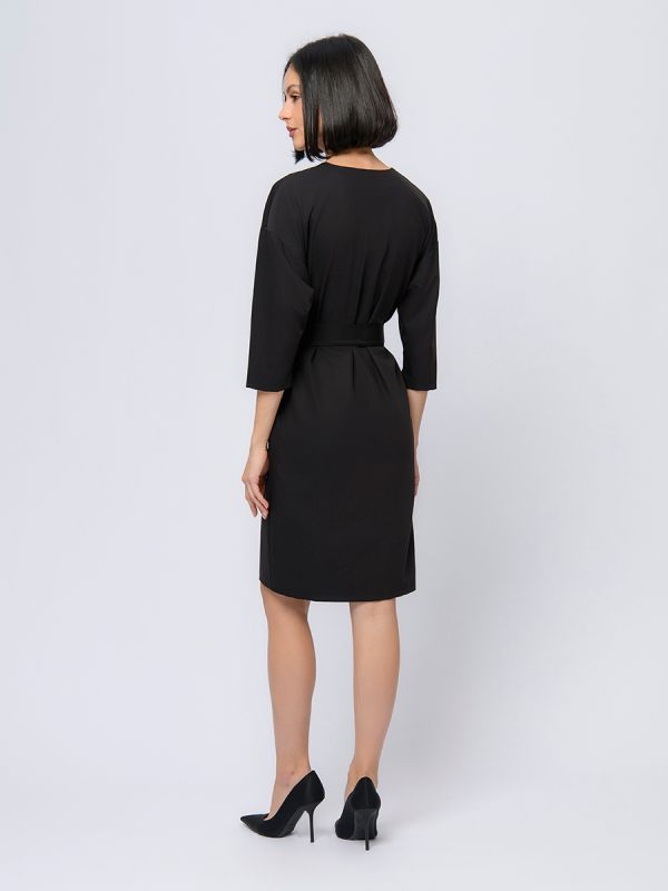 Black midi length dress with red inset and 3/4 sleeves