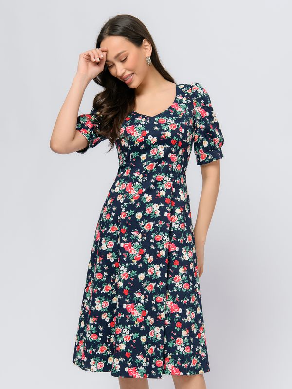 Dark blue midi length dress with floral print and V-neckline