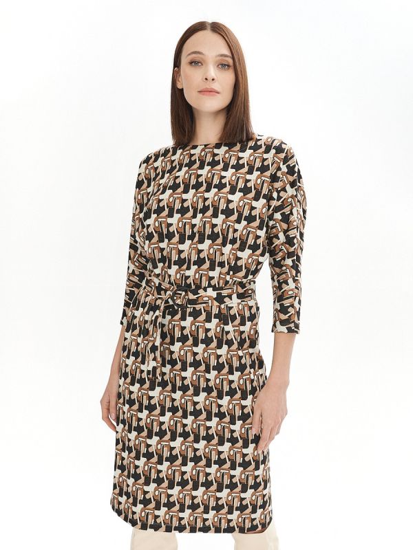 Beige midi length dress with print and belt