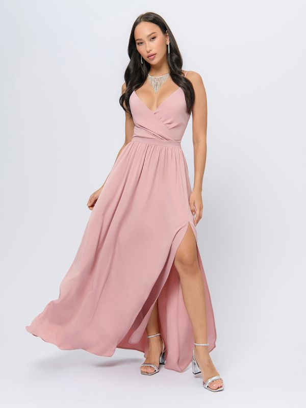 Powder-colored maxi dress with straps and slit skirt