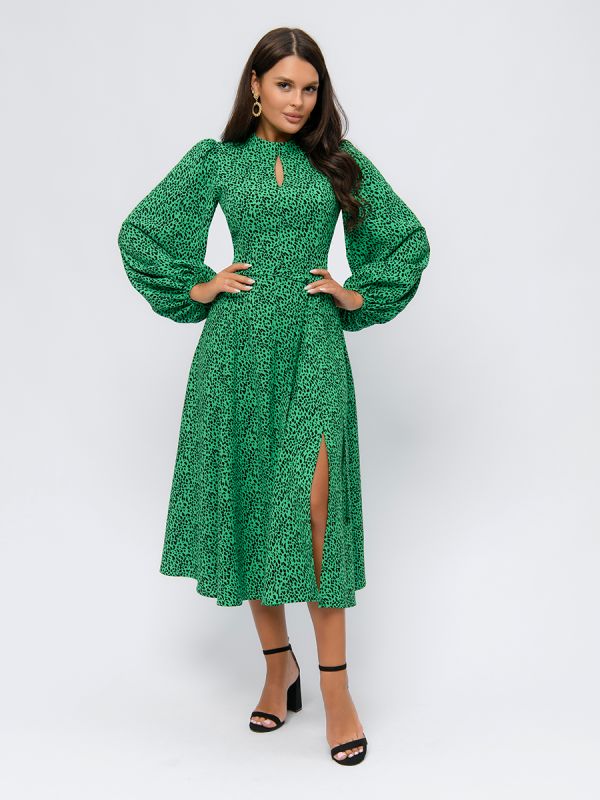 Green printed midi length dress with voluminous sleeves and slit