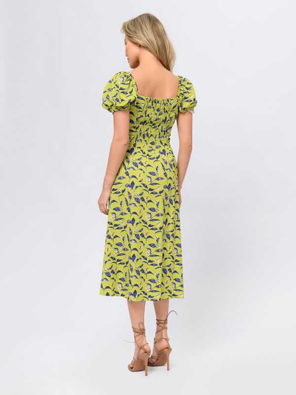 Lime colored midi length dress with a gathered bodice and short sleeves