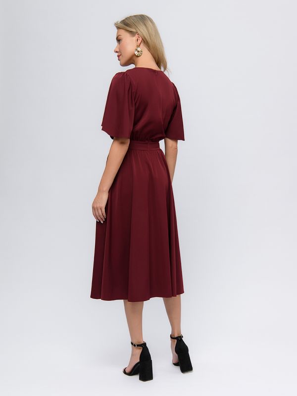 Plum colored midi length dress with V-neckline