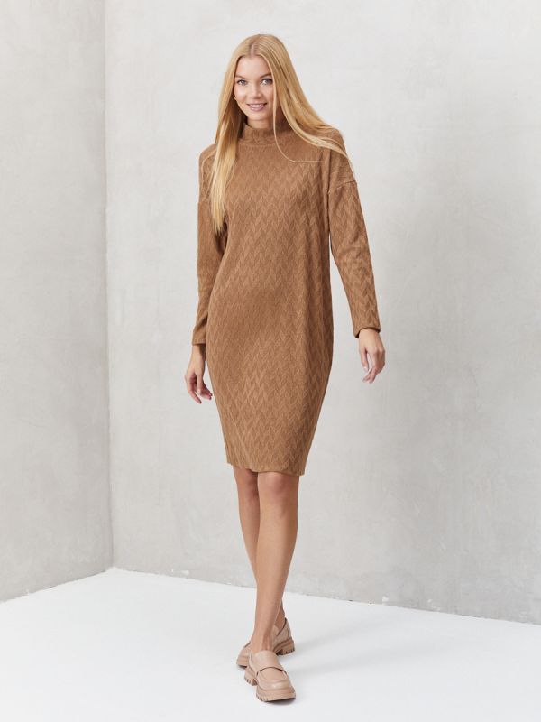 Caramel colored mini length dress with stand-up collar