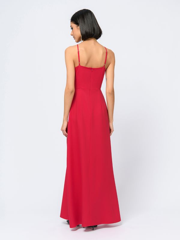 Raspberry maxi length dress with imitation flare and open shoulders