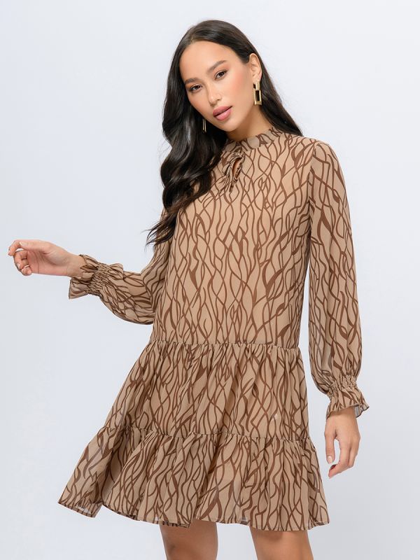 Beige mini length dress with print and shaped neckline