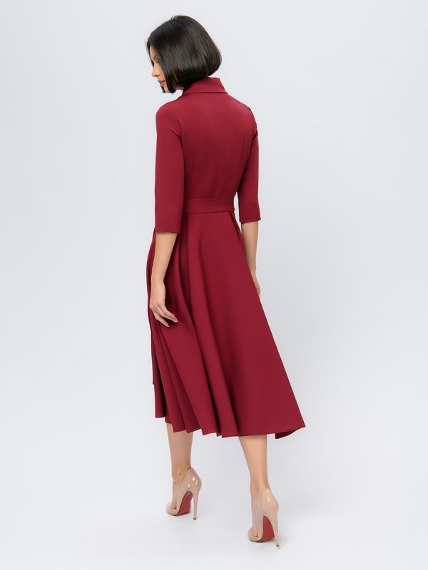 Midi length burgundy dress with collar and 3/4 sleeves