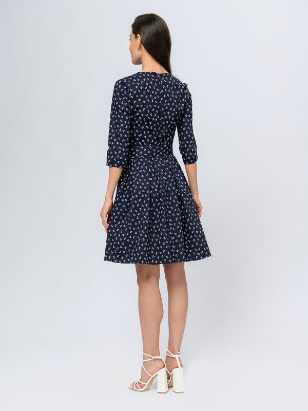 Navy blue mini length dress with print and 3/4 sleeves