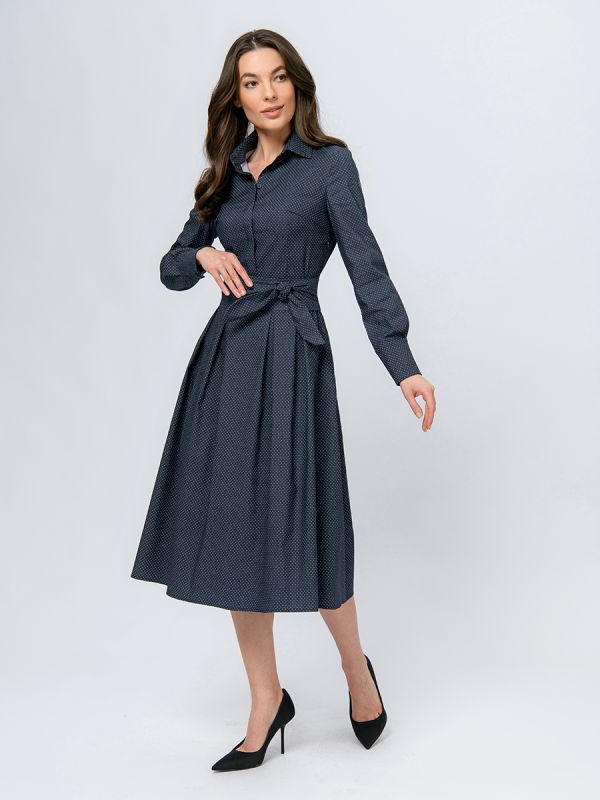 Dark blue midi length dress with print and stand-up collar