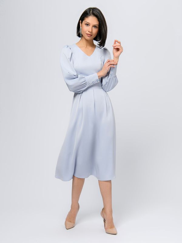 Grey-blue midi length dress with long sleeves