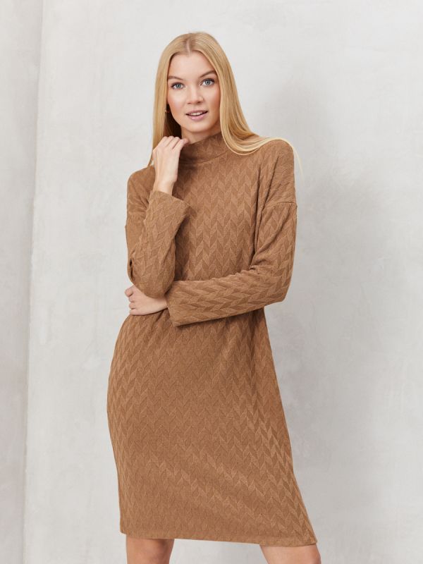 Caramel colored mini length dress with stand-up collar