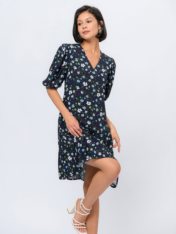 Blue mini length dress with pockets and 1/2 sleeves