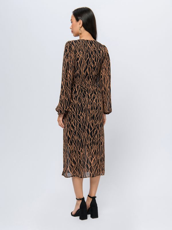 Black midi length dress with print and V-neckline