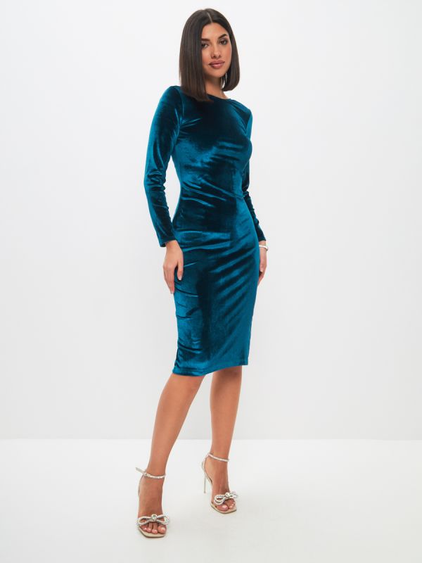 Blue midi length flare dress with V-neckline on back