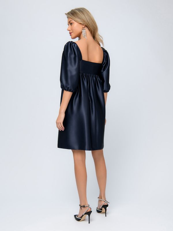 Blue mini length dress with 3/4 sleeves and shaped neckline