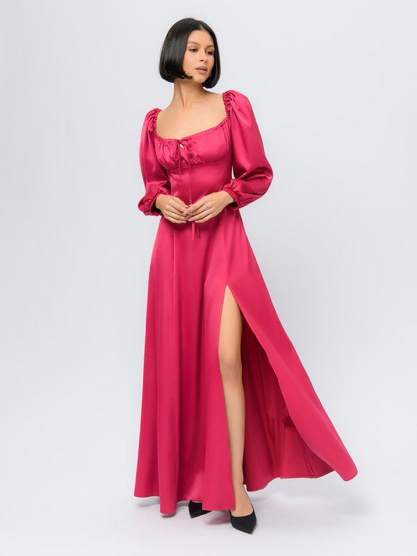 Raspberry colored maxi dress with rectangular neckline and slit on skirt