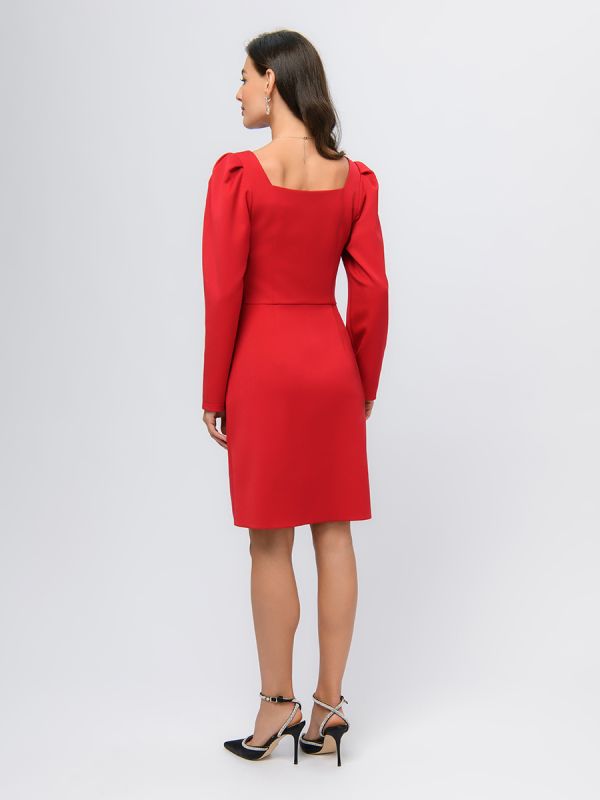 Red colored mini length dress with cowl neckline and slit