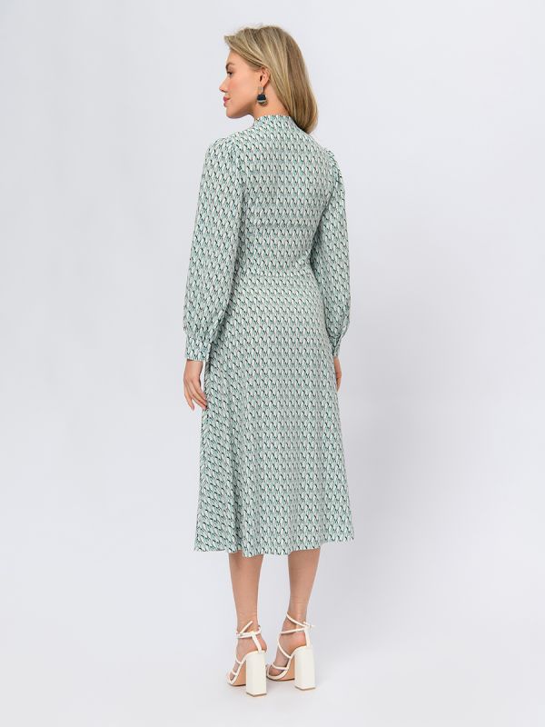 Mint-colored midi dress with print and tie at collar