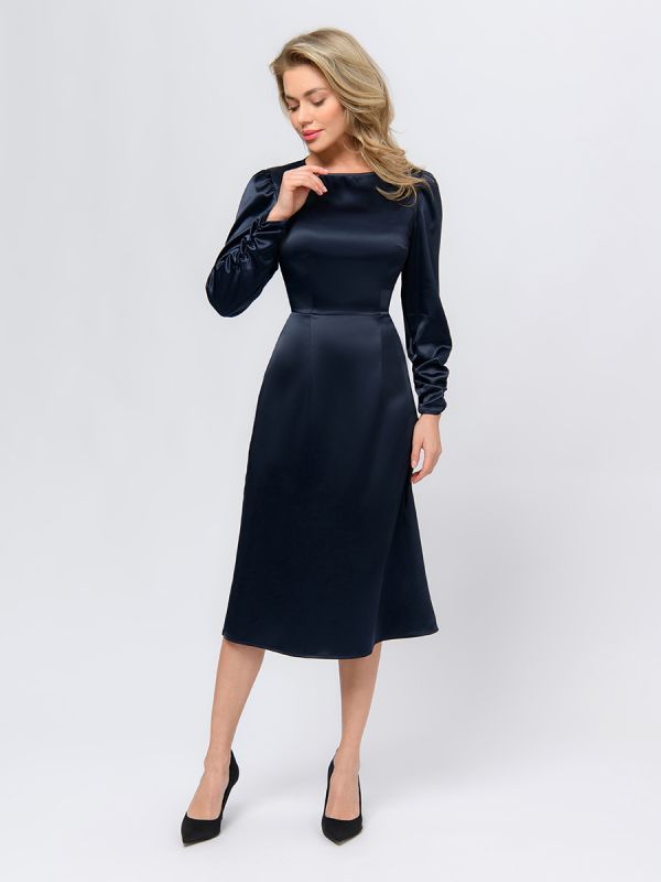 Blue color midi length dress with long sleeves