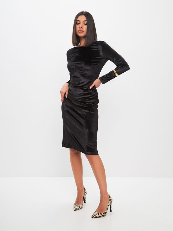 Black midi length flare dress with V-neck on back