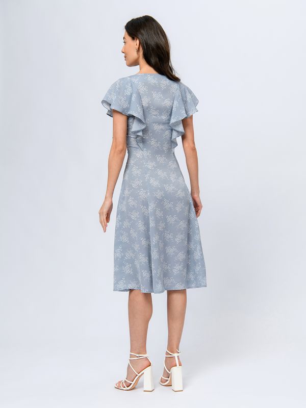 Blue color midi length dress with print and short sleeves